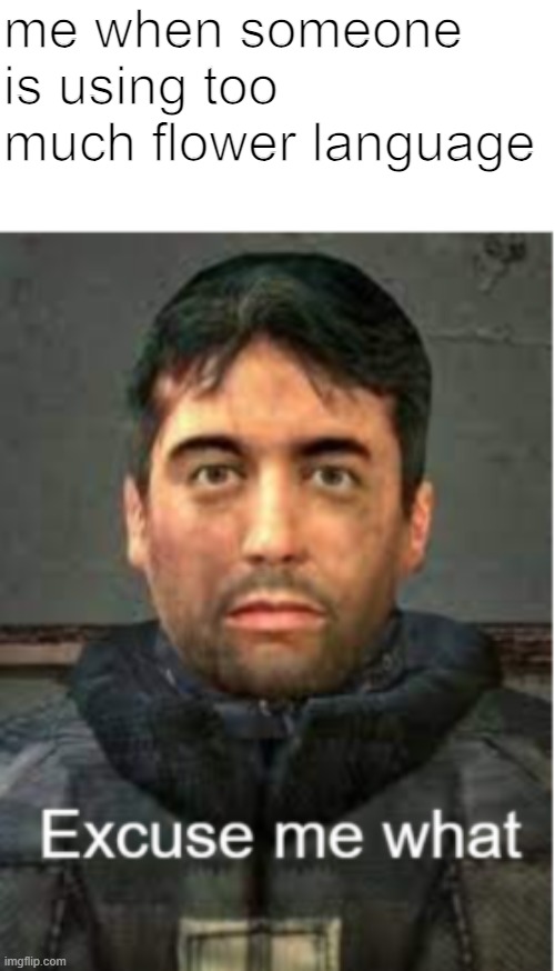 Excuse me, what? | me when someone is using too much flower language | image tagged in barney from half life excuse me what 2 | made w/ Imgflip meme maker