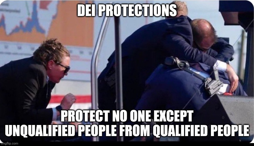 DEI | DEI PROTECTIONS; PROTECT NO ONE EXCEPT UNQUALIFIED PEOPLE FROM QUALIFIED PEOPLE | image tagged in dei secret service agent ducking | made w/ Imgflip meme maker