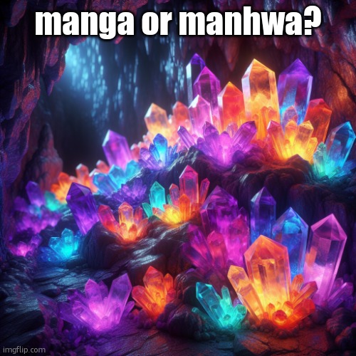 purple, orange, blue, red and green crystals in a cave (ai) | manga or manhwa? | image tagged in purple orange blue red and green crystals in a cave ai | made w/ Imgflip meme maker