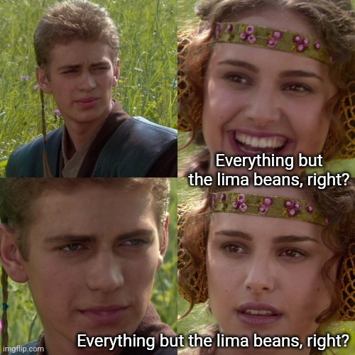 Anakin Padme 4 Panel | Everything but the lima beans, right? Everything but the lima beans, right? | image tagged in anakin padme 4 panel | made w/ Imgflip meme maker