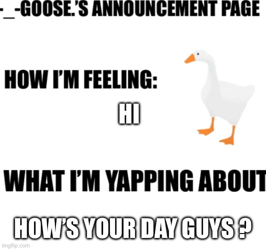 announcement page for -_-goose. | HI; HOW’S YOUR DAY GUYS ? | image tagged in announcement | made w/ Imgflip meme maker