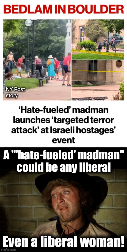 Of course a lib shot up an event for Jewish hostages.  There was probably a Nazi salute involved also. | NY Post
story; A "'hate-fueled' madman"
could be any liberal; Even a liberal woman! | image tagged in gene wilder,memes,boulder,shooting,antisemitism,democrats | made w/ Imgflip meme maker