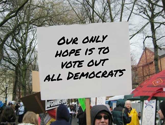 Blank protest sign | Our only hope is to vote out all Democrats | image tagged in blank protest sign | made w/ Imgflip meme maker