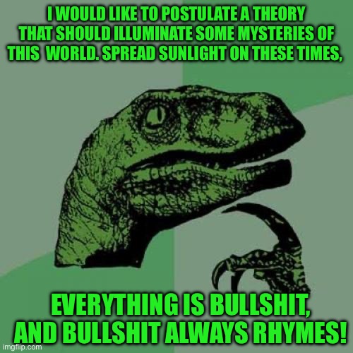 Philosoraptor | I WOULD LIKE TO POSTULATE A THEORY THAT SHOULD ILLUMINATE SOME MYSTERIES OF THIS  WORLD. SPREAD SUNLIGHT ON THESE TIMES, EVERYTHING IS BULLSHIT, AND BULLSHIT ALWAYS RHYMES! | image tagged in memes,philosoraptor | made w/ Imgflip meme maker