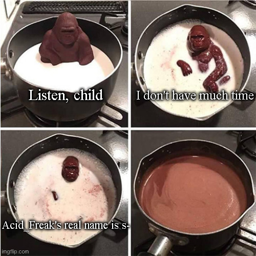 Listen kid, I don't have much time (chocolate) | Listen, child; I don't have much time; Acid_Freak's real name is s- | image tagged in listen kid i don't have much time chocolate | made w/ Imgflip meme maker