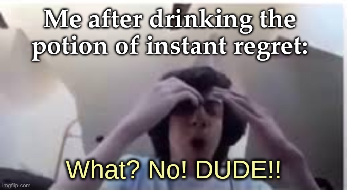 Really relatable | Me after drinking the potion of instant regret: | image tagged in what no dude,npesta,geometry dash,instant regret | made w/ Imgflip meme maker