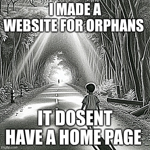 .... | I MADE A WEBSITE FOR ORPHANS; IT DOSENT HAVE A HOME PAGE | image tagged in orphan,sad,no fucks to give | made w/ Imgflip meme maker