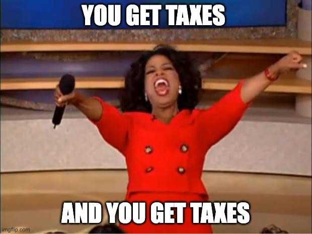 Oprah You Get A Meme | YOU GET TAXES; AND YOU GET TAXES | image tagged in memes,oprah you get a | made w/ Imgflip meme maker