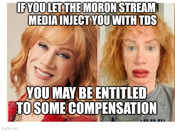 TDS outbreak | IF YOU LET THE MORON STREAM 
     MEDIA INJECT YOU WITH TDS; YOU MAY BE ENTITLED TO SOME COMPENSATION | image tagged in kathy grisom | made w/ Imgflip meme maker