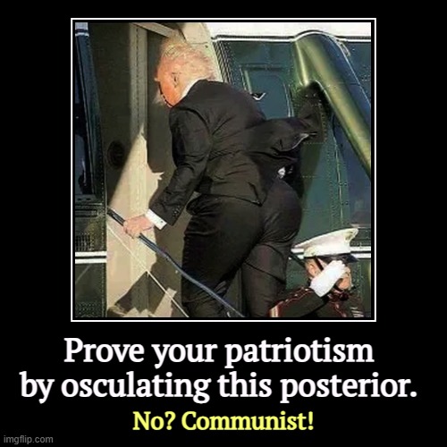 Don'tcha like the taste of Depends? | Prove your patriotism by osculating this posterior. | No? Communist! | image tagged in funny,demotivationals,trump,kiss,behind,patriotism | made w/ Imgflip demotivational maker