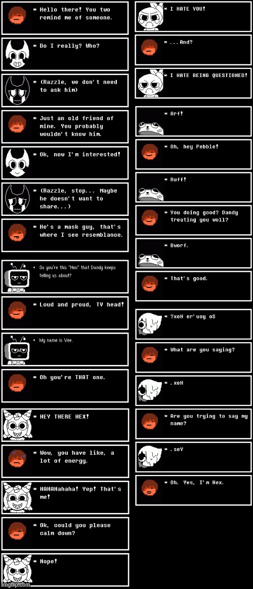 Hex interacts with Dandy’s World characters Pt. 1 (Blot, Pebble, Razzle and Dazzle, Shrimpo, Vee, and Yatta) | made w/ Imgflip meme maker
