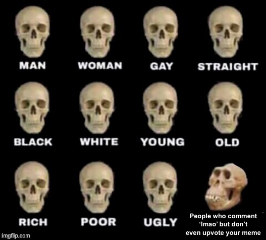 idiot skull | People who comment ‘lmao’ but don’t even upvote your meme | image tagged in idiot skull | made w/ Imgflip meme maker