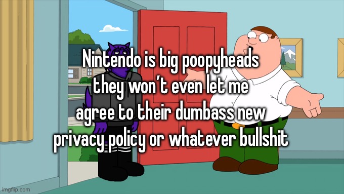 what is family guy even about | Nintendo is big poopyheads they won’t even let me agree to their dumbass new privacy policy or whatever bullshit | image tagged in what is family guy even about | made w/ Imgflip meme maker