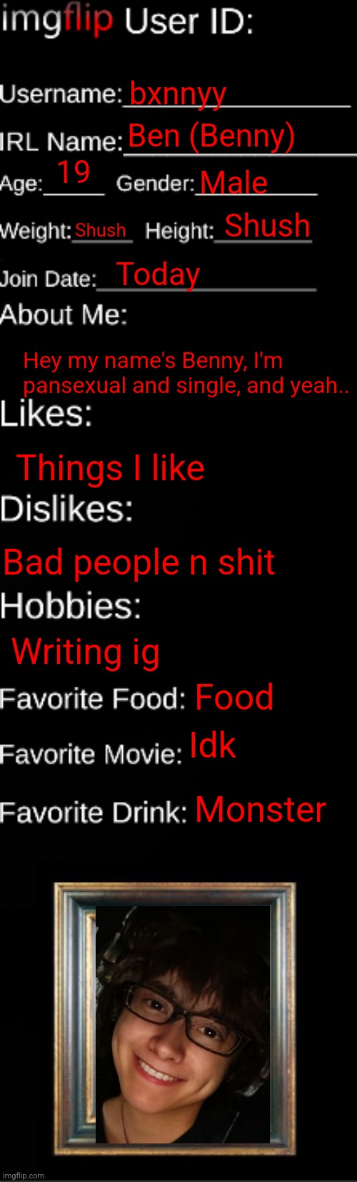 Benny | bxnnyy; Ben (Benny); 19; Male; Shush; Shush; Today; Hey my name's Benny, I'm pansexual and single, and yeah.. Things I like; Bad people n shit; Writing ig; Food; Idk; Monster | image tagged in imgflip id card | made w/ Imgflip meme maker