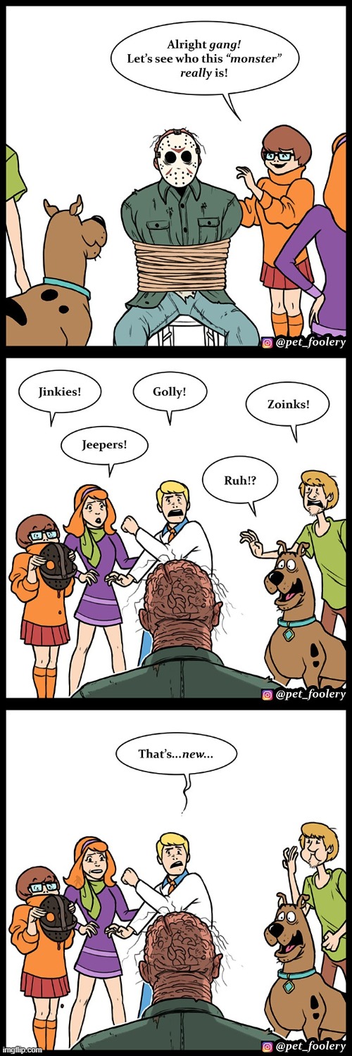 In case you don't get it, that's Jason Voorhees, who has a face of rotten and burnt flesh. (Photo in the comments.) | image tagged in scooby doo,friday the 13th,jason voorhees,mask,scooby doo mask reveal,scared | made w/ Imgflip meme maker