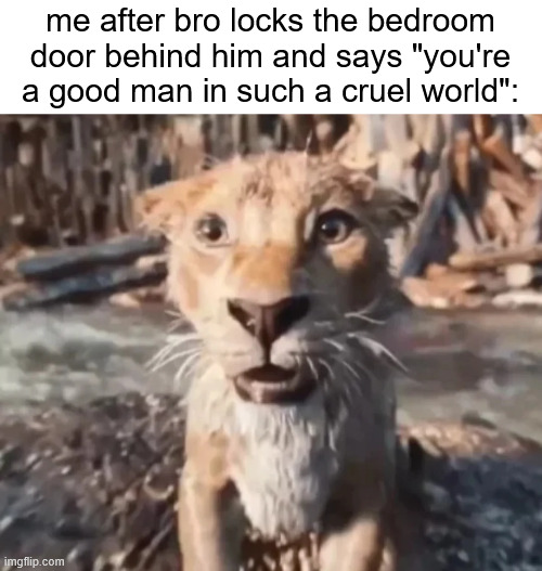 me after bro locks the bedroom door behind him and says "you're a good man in such a cruel world": | made w/ Imgflip meme maker