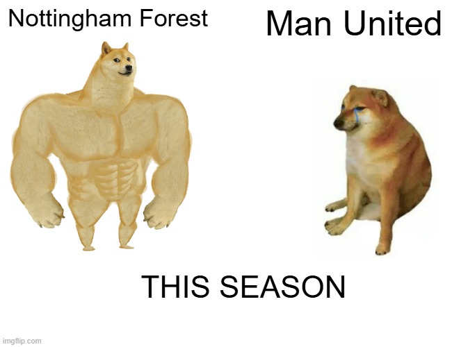 Buff Doge vs. Cheems | Nottingham Forest; Man United; THIS SEASON | image tagged in memes,buff doge vs cheems | made w/ Imgflip meme maker