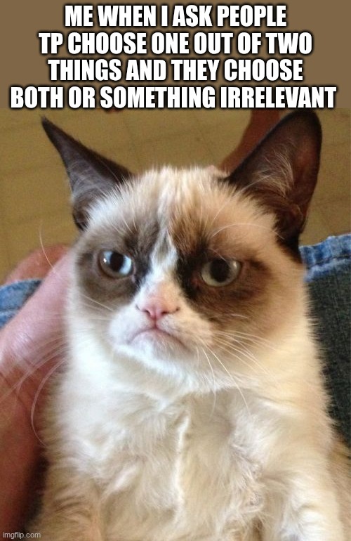 Grumpy Cat | ME WHEN I ASK PEOPLE TP CHOOSE ONE OUT OF TWO THINGS AND THEY CHOOSE BOTH OR SOMETHING IRRELEVANT | image tagged in memes,grumpy cat,really | made w/ Imgflip meme maker