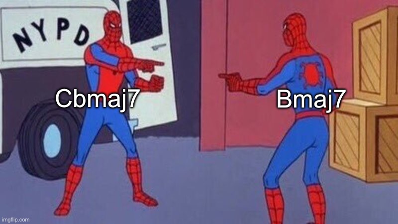 Do bemol | Cbmaj7; Bmaj7 | image tagged in spiderman pointing at spiderman,music | made w/ Imgflip meme maker