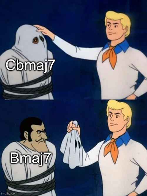 Scooby doo mask reveal | Cbmaj7; Bmaj7 | image tagged in scooby doo mask reveal,music | made w/ Imgflip meme maker
