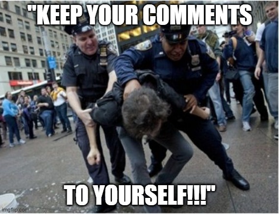 Freedom of speech is banned this month | "KEEP YOUR COMMENTS; TO YOURSELF!!!" | image tagged in police brutality,freedom of speech,1st amendment | made w/ Imgflip meme maker
