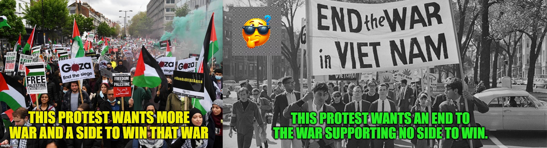 See the difference between these protests? | THIS PROTEST WANTS MORE WAR AND A SIDE TO WIN THAT WAR; THIS PROTEST WANTS AN END TO THE WAR SUPPORTING NO SIDE TO WIN. | image tagged in israel,palestine,vietnam | made w/ Imgflip meme maker