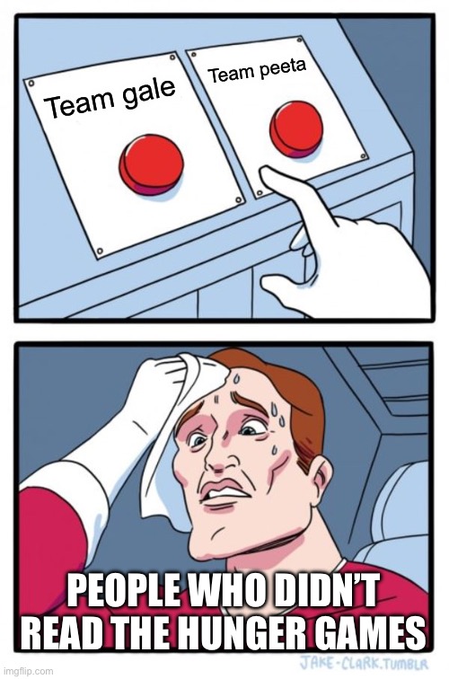 Two Buttons | Team peeta; Team gale; PEOPLE WHO DIDN’T READ THE HUNGER GAMES | image tagged in memes,two buttons | made w/ Imgflip meme maker