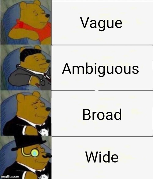 Complex and multifaceted | Vague; Ambiguous; Broad; Wide | image tagged in tuxedo winnie the pooh 4 panel,words | made w/ Imgflip meme maker