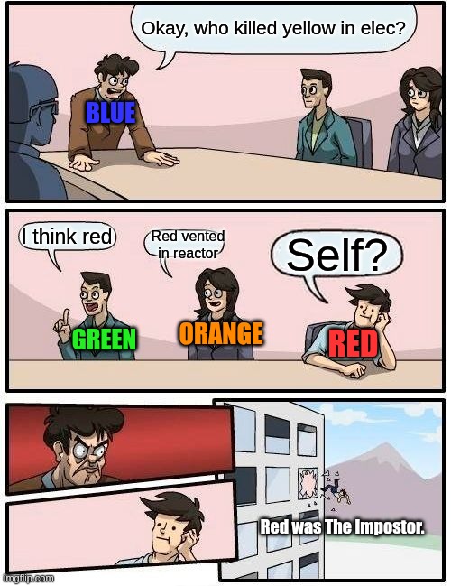 Among Us Meme | Okay, who killed yellow in elec? BLUE; I think red; Red vented in reactor; Self? ORANGE; GREEN; RED; Red was The Impostor. | image tagged in memes,boardroom meeting suggestion,among us meeting | made w/ Imgflip meme maker