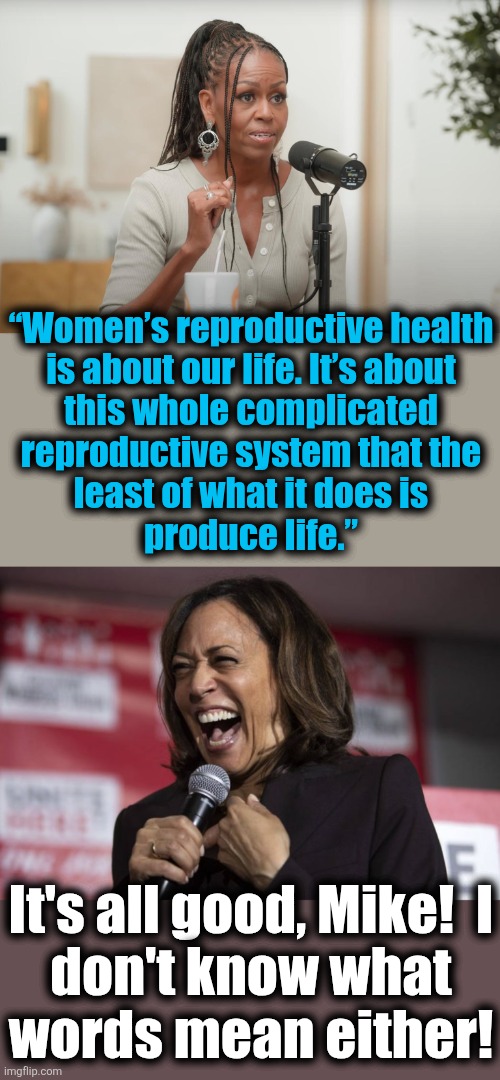 Mike Obama's surreal podcast is core democrat: massively sexist, profoundly ignorant, and brutally condescending to women | “Women’s reproductive health
is about our life. It’s about
this whole complicated
reproductive system that the
least of what it does is
produce life.”; It's all good, Mike!  I
don't know what
words mean either! | image tagged in kamala laughing,michelle obama,memes,democrats,podcast,women | made w/ Imgflip meme maker