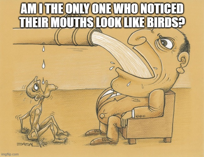 Ruining this meme for all of you | AM I THE ONLY ONE WHO NOTICED THEIR MOUTHS LOOK LIKE BIRDS? | image tagged in guy who has lots of water,birds | made w/ Imgflip meme maker