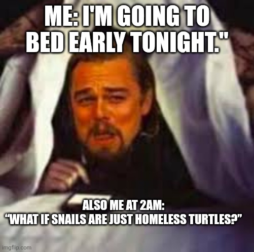Thinking level | ME: I'M GOING TO BED EARLY TONIGHT."; ALSO ME AT 2AM:
“WHAT IF SNAILS ARE JUST HOMELESS TURTLES?” | image tagged in funny memes | made w/ Imgflip meme maker