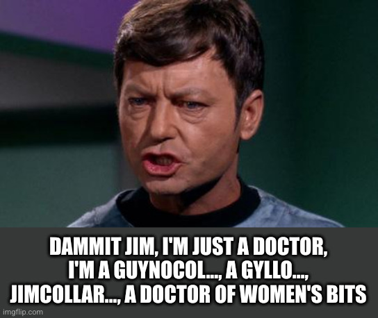 Tongue twister | DAMMIT JIM, I'M JUST A DOCTOR,
I'M A GUYNOCOL..., A GYLLO..., JIMCOLLAR..., A DOCTOR OF WOMEN'S BITS | image tagged in dammit jim,gynecologist,tongue twister,oh wow are you actually reading these tags | made w/ Imgflip meme maker