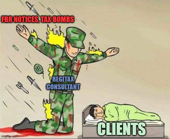 Tax Consultant protecting clients | FBR NOTICES, TAX BOMBS; REGITAX CONSULTANT; CLIENTS | image tagged in soldier protecting sleeping child | made w/ Imgflip meme maker