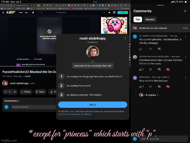 YouTube Screencap #1 | *except for “princess” which starts with “p”. | image tagged in youtube,google,video,viral,revenge,screenshot | made w/ Imgflip meme maker