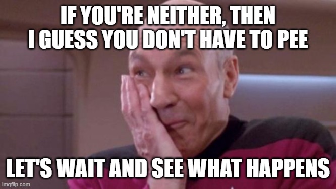 picard oops | IF YOU'RE NEITHER, THEN I GUESS YOU DON'T HAVE TO PEE LET'S WAIT AND SEE WHAT HAPPENS | image tagged in picard oops | made w/ Imgflip meme maker