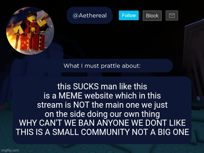 specifically hated people not some random innocent person | this SUCKS man like this is a MEME website which in this stream is NOT the main one we just on the side doing our own thing
WHY CAN'T WE BAN ANYONE WE DONT LIKE THIS IS A SMALL COMMUNITY NOT A BIG ONE | image tagged in aethereal's forsaken template | made w/ Imgflip meme maker