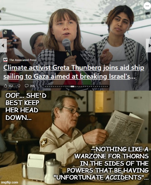 Pardon my well-founded paranoic cynicism... | OOF... SHE'D
BEST KEEP
HER HEAD
DOWN... --NOTHING LIKE A
WARZONE FOR THORNS
IN THE SIDES OF THE
POWERS THAT BE HAVING
"UNFORTUNATE ACCIDENTS"... | image tagged in greta thunberg,gaza,israel,war,danger,oof | made w/ Imgflip meme maker