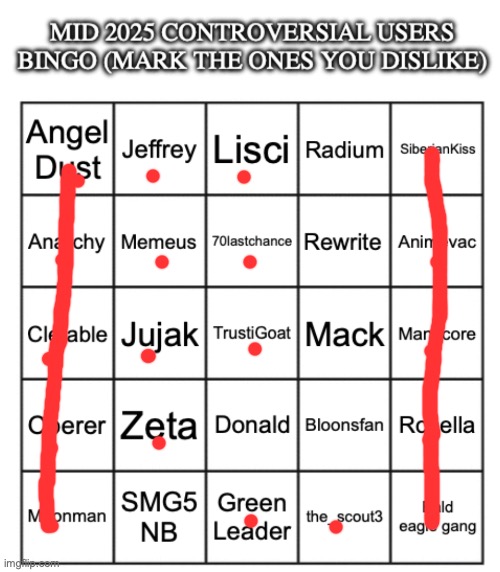 New bingo dropped (it was requested by Singularity) | image tagged in mid 2025 controversial users bingo | made w/ Imgflip meme maker