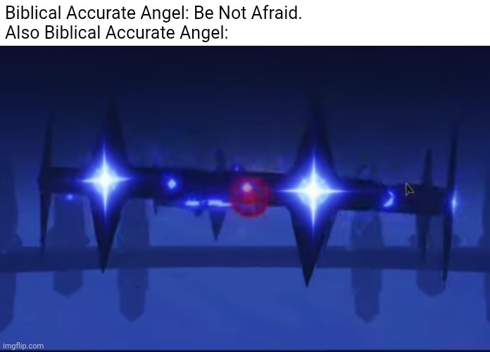 Some Biblical Accurate Angel meme I made | Biblical Accurate Angel: Be Not Afraid.
Also Biblical Accurate Angel: | image tagged in funny memes,roblox,angel | made w/ Imgflip meme maker