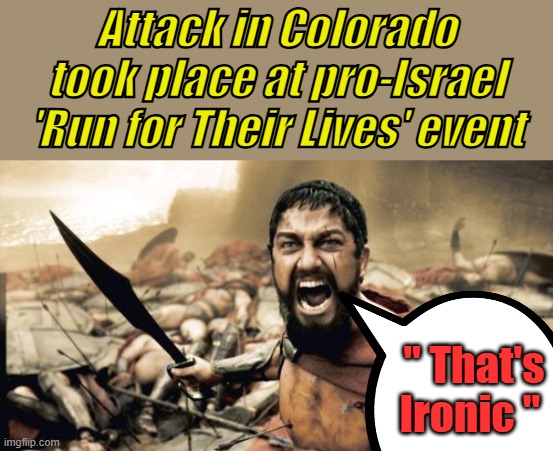 Ironic adjectiveusing words that suggest the opposite of what you intend,  usually in order to be humorous: | Attack in Colorado took place at pro-Israel 'Run for Their Lives' event; " That's Ironic " | image tagged in memes,sparta leonidas | made w/ Imgflip meme maker