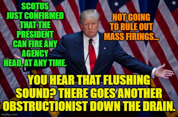 Donald Trump | SCOTUS JUST CONFIRMED THAT THE PRESIDENT CAN FIRE ANY AGENCY HEAD, AT ANY TIME. NOT GOING TO RULE OUT MASS FIRINGS... YOU HEAR THAT FLUSHING SOUND? THERE GOES ANOTHER OBSTRUCTIONIST DOWN THE DRAIN. | image tagged in donald trump | made w/ Imgflip meme maker
