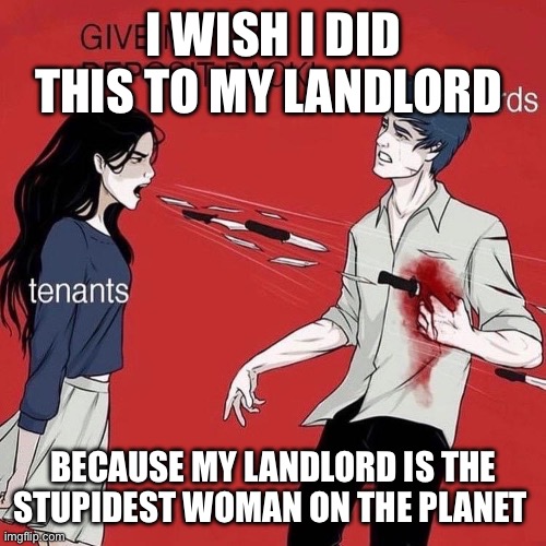 Tenants vs. landlords | I WISH I DID THIS TO MY LANDLORD; BECAUSE MY LANDLORD IS THE STUPIDEST WOMAN ON THE PLANET | image tagged in tenants vs landlords | made w/ Imgflip meme maker