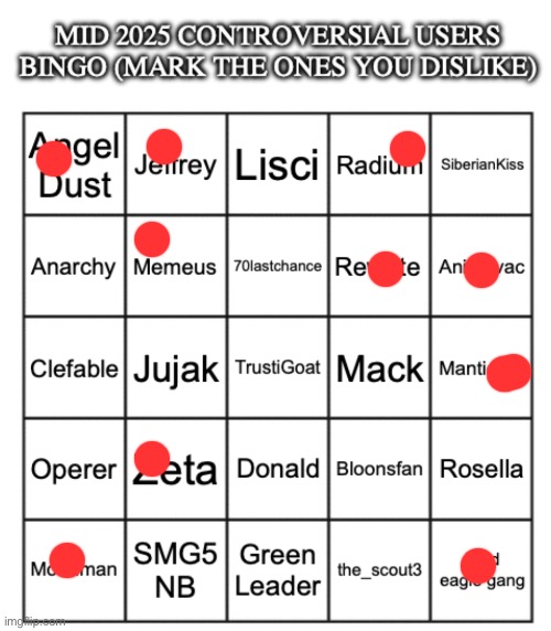 I don’t know the rest or what they did, so feel free to explain | image tagged in mid 2025 controversial users bingo | made w/ Imgflip meme maker