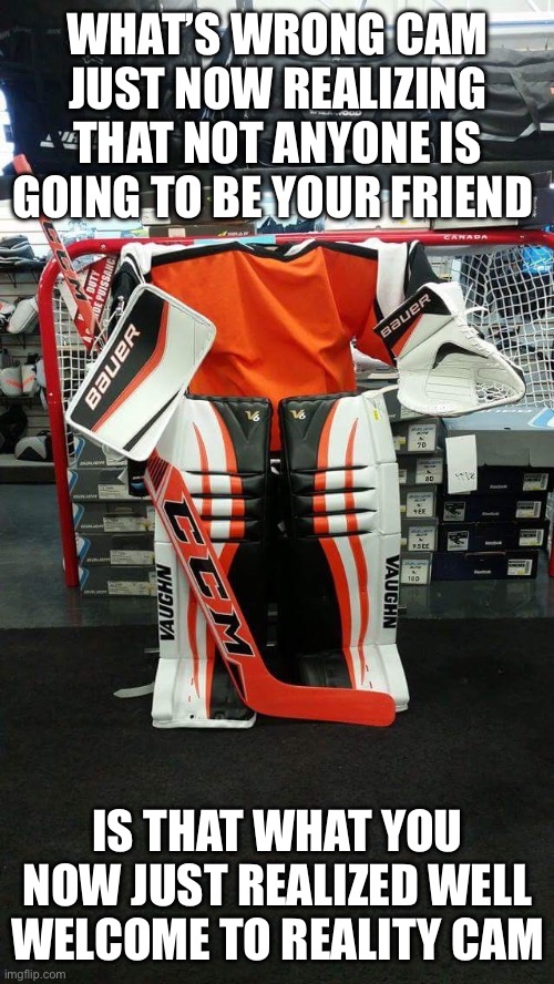 Goalie | WHAT’S WRONG CAM JUST NOW REALIZING THAT NOT ANYONE IS GOING TO BE YOUR FRIEND; IS THAT WHAT YOU NOW JUST REALIZED WELL WELCOME TO REALITY CAM | image tagged in goalie | made w/ Imgflip meme maker