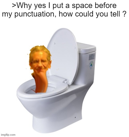 It's so strange ! | >Why yes I put a space before my punctuation, how could you tell ? | image tagged in jeffrey skibidi toilet | made w/ Imgflip meme maker