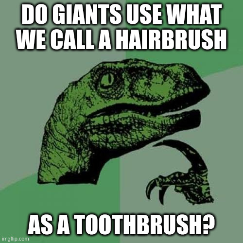 Maybe not so much of a shower thought as it is a sink thought | DO GIANTS USE WHAT WE CALL A HAIRBRUSH; AS A TOOTHBRUSH? | image tagged in memes,philosoraptor,shower thoughts,toothbrush,giants | made w/ Imgflip meme maker
