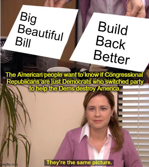 Trump came in to cut the deficit.  The first bill Congress gives Trump increases the deficit by 4 trillion dollars!!!! | Big
Beautiful
Bill; Build
Back
Better; The American people want to know if Congressional 
Republicans are just Democrats who switched party
to help the Dems destroy America. | image tagged in we have to drain the swamp from the legislative branch,any republican voting for this bill must be replaced | made w/ Imgflip meme maker