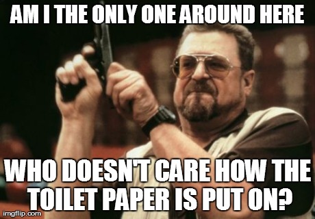 Am I The Only One Around Here Meme | AM I THE ONLY ONE AROUND HERE WHO DOESN'T CARE HOW THE TOILET PAPER IS PUT ON? | image tagged in memes,am i the only one around here | made w/ Imgflip meme maker