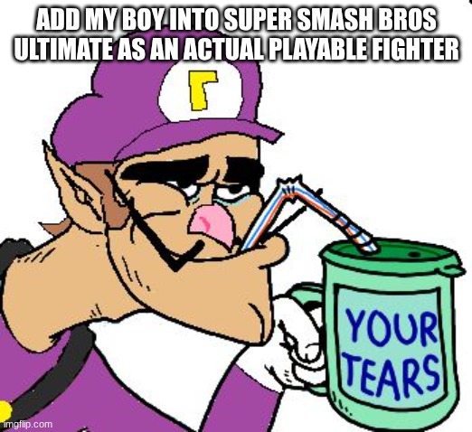 Waluigi Drinking Tears | ADD MY BOY INTO SUPER SMASH BROS ULTIMATE AS AN ACTUAL PLAYABLE FIGHTER | image tagged in waluigi drinking tears | made w/ Imgflip meme maker